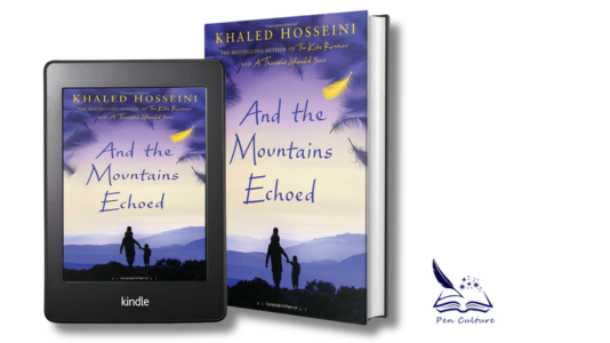 This image presents both the paperback and Kindle versions of the cover of "And the Mountains Echoed" by Khaled Hosseini. The cover features a silhouette of a man holding a child’s hand as they walk towards mountains under a twilight sky. The cover has soft shades of blue and purple, evoking a calm, reflective mood.