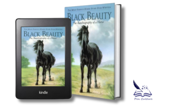 The image showcases two formats (paperback and Kindle) of the book "Black Beauty" by Anna Sewell. The cover shows a black horse standing majestically in an open grassy field under a cloudy sky, highlighting the animal's strength and grace.