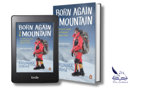 This image features the Kindle and paperback versions of "Born Again on the Mountain" by Arunima Sinha. The cover shows the author, Arunima Sinha, dressed in red mountaineering gear, standing on a snowy mountain slope with a large backpack. The background is snowy and gives a sense of the high-altitude environment.