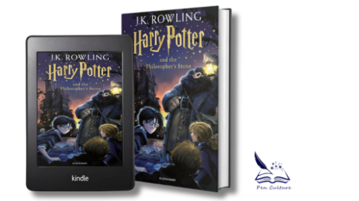 A Kindle device showing the cover of "Harry Potter and the Philosopher's Stone" next to the physical book. The cover features Harry Potter holding a wand, alongside Hagrid, with a castle in the background. The author's name "J.K. Rowling" appears at the top.