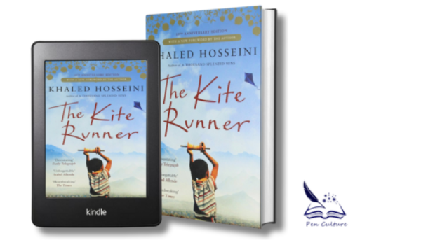 A Kindle device showing the cover of "The Kite Runner" beside a physical copy. The cover features a young boy holding a kite string, with the title and author "Khaled Hosseini" prominently displayed, set against a pale blue sky.