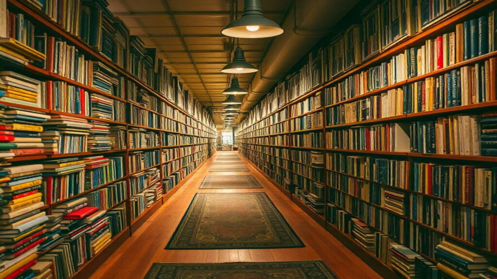 Cozy library with endless shelves of books, warm lighting, and wooden floors creating a peaceful atmosphere for reading and learning.