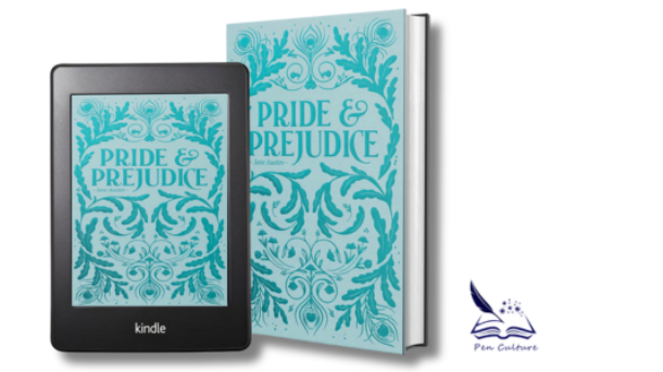 A Kindle device and a hardcover book of 'Pride and Prejudice' by Jane Austen, both with an elegant teal floral pattern on the cover.