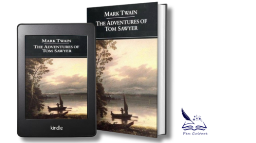 A Kindle device and a hardcover book of 'The Adventures of Tom Sawyer' by Mark Twain, featuring a serene riverside scene with a boat in the distance on the cover.