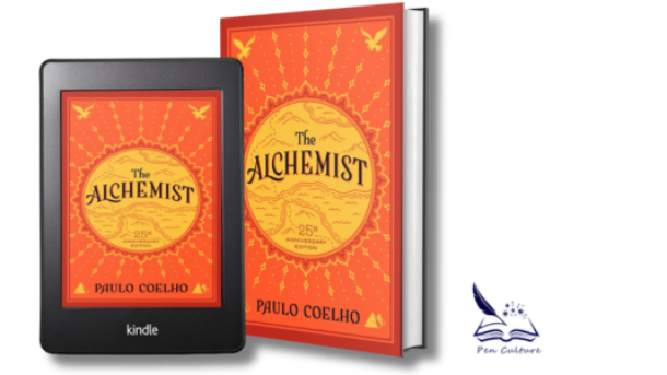 A Kindle device and a hardcover book of 'The Alchemist' by Paulo Coelho, both featuring a bright orange and yellow sunburst design on the cover.