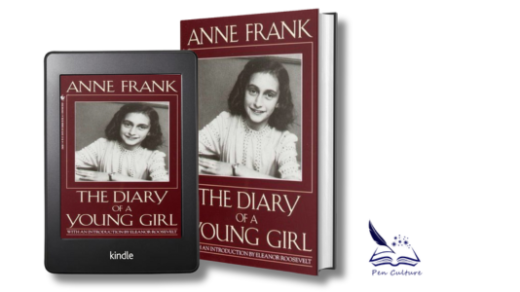 A Kindle device and a hardcover book of 'The Diary of a Young Girl' by Anne Frank, both featuring a black and white photograph of Anne Frank with a burgundy background.