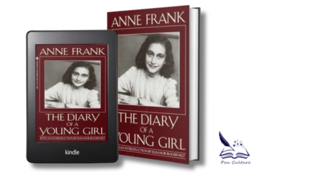 A Kindle device and a hardcover book of 'The Diary of a Young Girl' by Anne Frank, both featuring a black and white photograph of Anne Frank with a burgundy background.