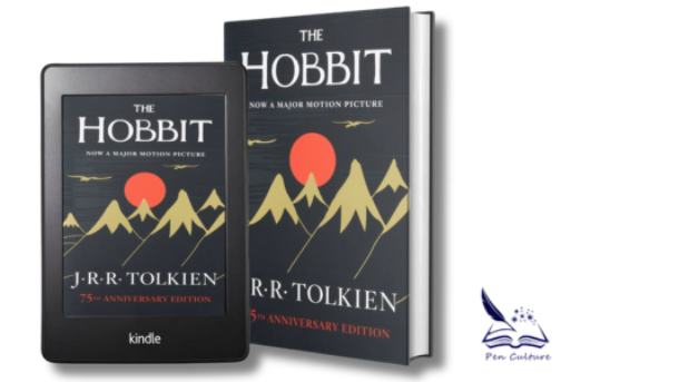 A Kindle device and a hardcover book of 'The Hobbit' by J.R.R. Tolkien, featuring a cover with a stylized mountain landscape and a large red sun.