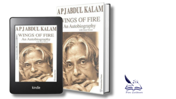 A Kindle device and a hardcover book of 'Wings of Fire: An Autobiography' by A.P.J. Abdul Kalam, featuring a black and white portrait of Kalam on the cover.