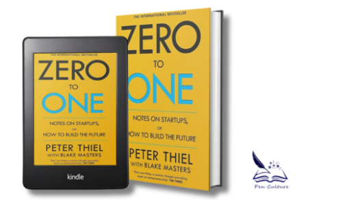 A Kindle device and a hardcover book of 'Zero to One' by Peter Thiel, both with a bright yellow cover and bold blue text.